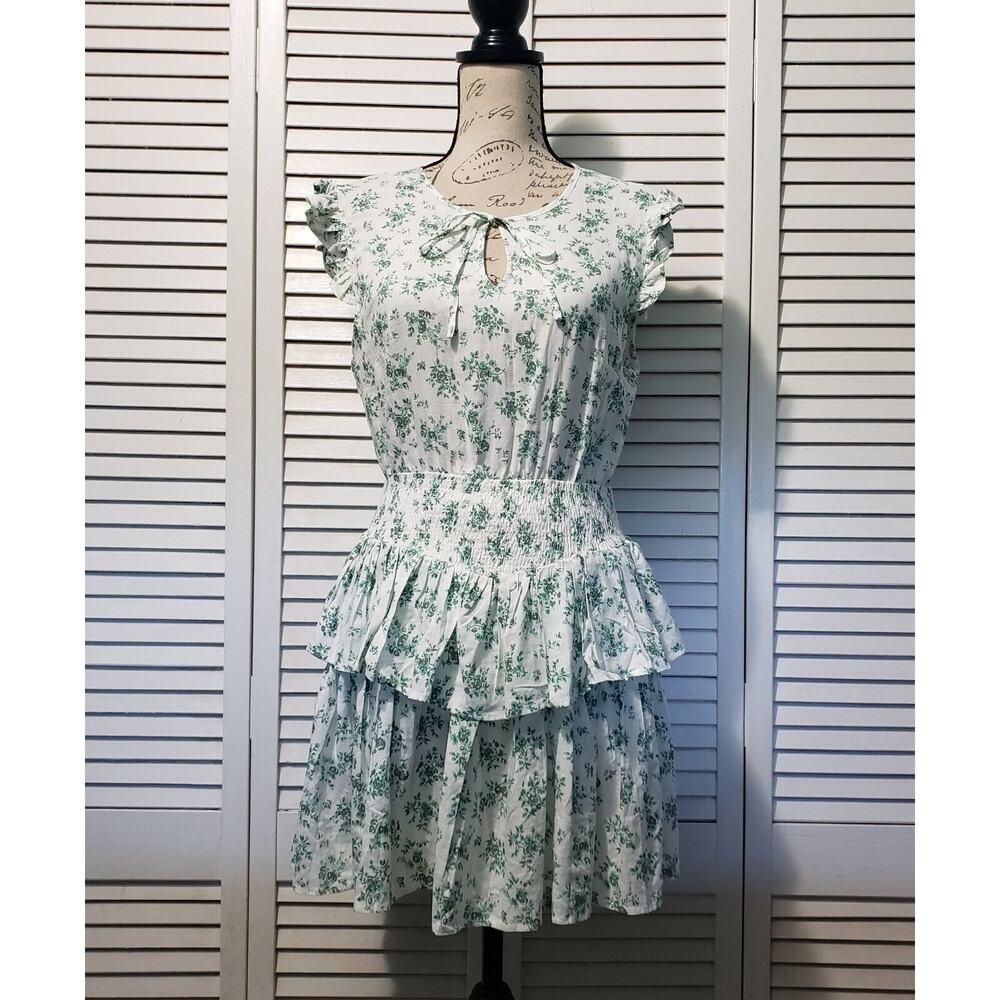 Edit By Nine‎ Sleeveless Mini Dress Women's Medium White Green Floral Ruffle